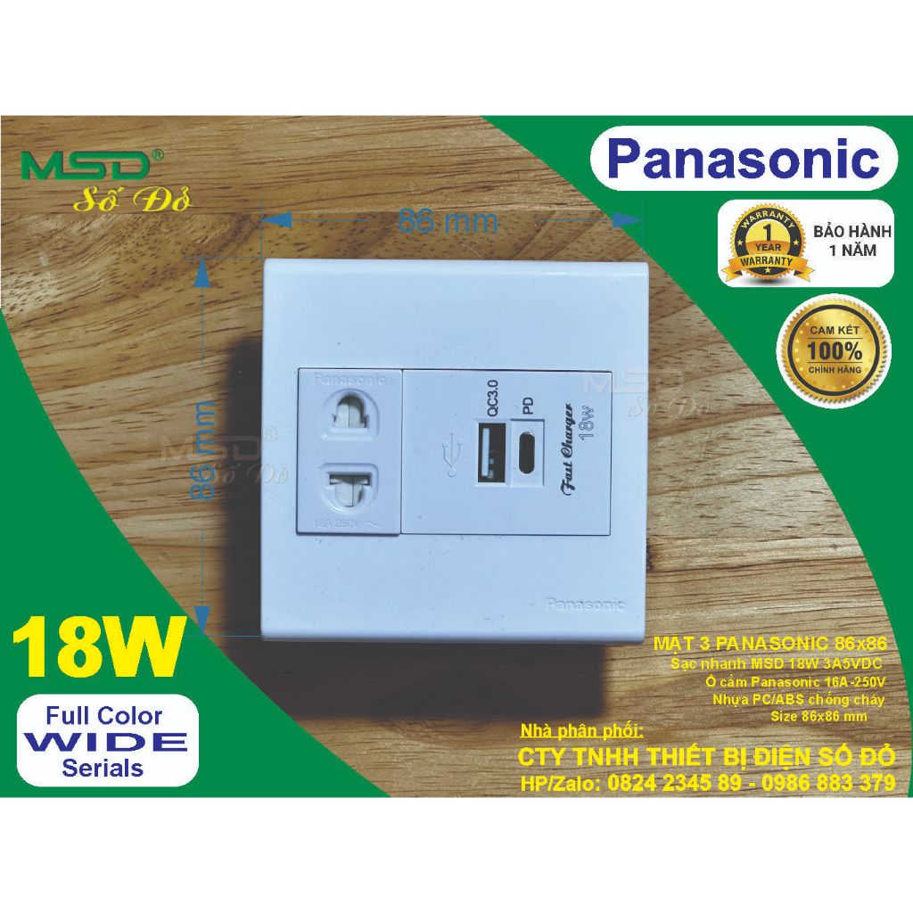 SẠC NHANH 18W ÂM TƯỜNG - 2 CỔNG SẠC QC/PD MAX 3A/5VDC  VÀ 1 Ổ CẮM 2 CHẤU PANASONICS 16A250VAC
