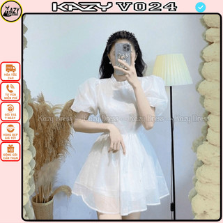 Đầm váy nữ cổ xếp ly tay phồng, váy babydoll tiểu thư kazy store v024