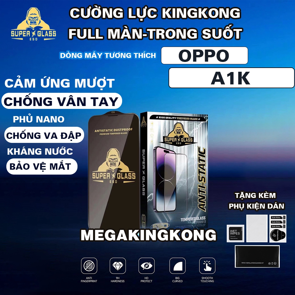 Kính cường lực KingKong Oppo A1K full màn trong suất,màu đen,TẶNG PHỤ  KIỆN LAU-DÁN MÀN