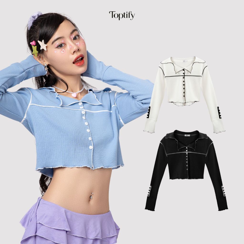 Áo croptop nữ cổ bẻ TOPTIFY dài tay cuốn biên viền nút phối màu Gorgeous Croptop AC112