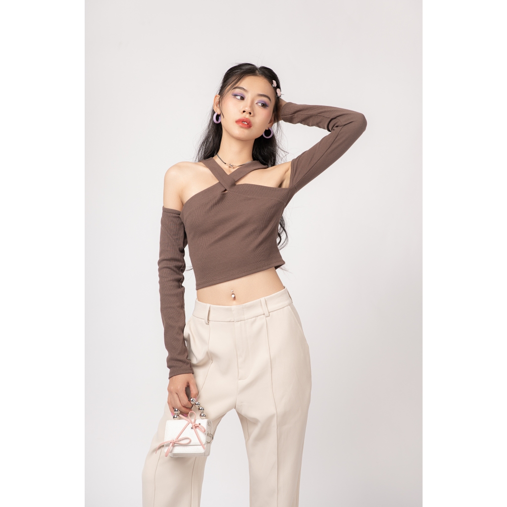 Áo croptop nữ tay dài TOPTIFY khoét vai dây chéo cổ bảng to Santorini Top AC21