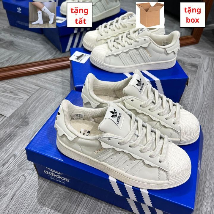 Giày_Adidas Superstar Màu Trắng 3 Sọc Đen Tem Vàng, Giày thể thao nam nữ Adidas mũi sò trắng sọc đen bản S.Cấp full PK