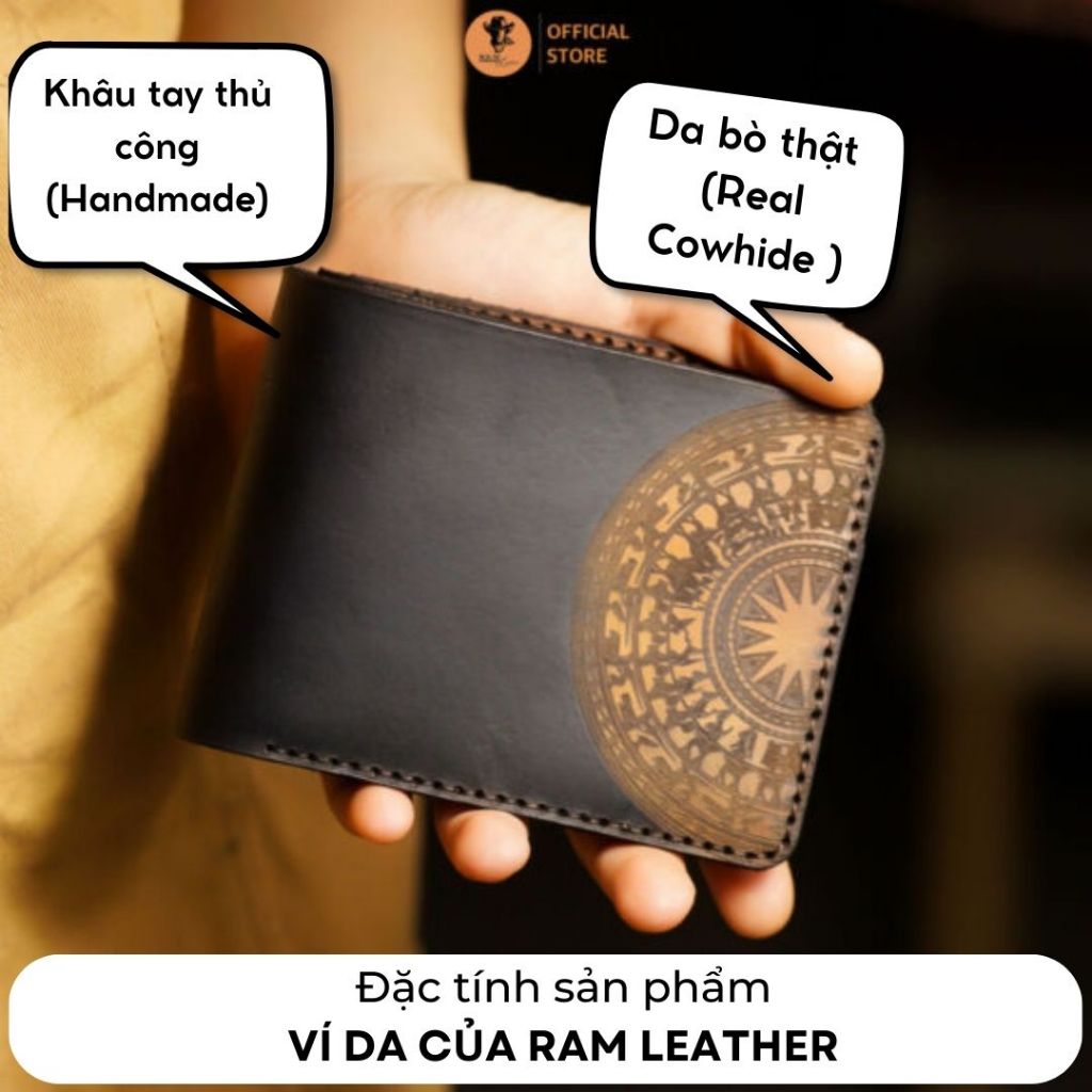 Ví nam Nữ Da Bò Italia Vegtan RAM Leather Khắc Trống Đồng Việt Nam Đen Tuyền
