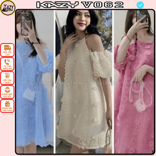 Váy cổ yếm trễ vai tay bồng phối hoa tiểu thư nhẹ nhàng KAZY DRESS V062