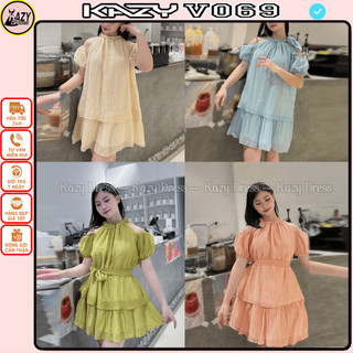 Váy cổ yếm chất tơ nhăn trễ vai phong cách tiểu thư thắt nơ KAZY DRESS V069