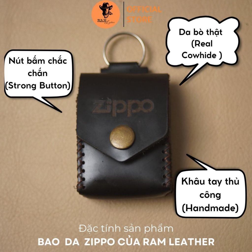 Bao Da Bò Thủ Công Zippo da bò màu đen trơn - RAM Leather
