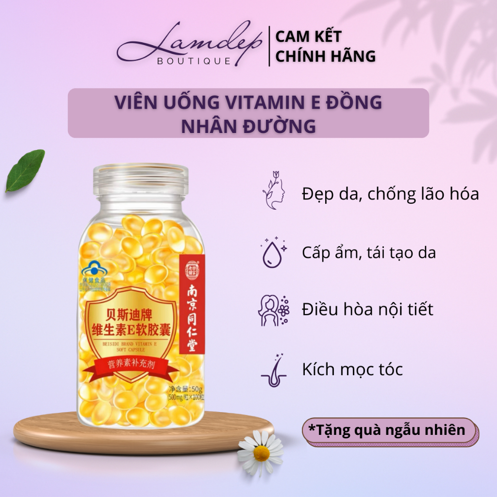 Viên Uống Vitamin E Đồng Nhân Đường 500mg - Hạt Ngọc Nội Tiết Dưỡng Ẩm, Chống Lão Hóa (Hộp 100 Viên)