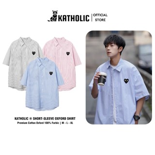 Áo Sơ Mi Kẻ Sọc Tay Ngắn Nam Nữ Hàn Quốc Thêu Tim Chất Liệu Oxford Form Rộng Oversize 3 Màu Xám, Hồng, Xanh KAT013