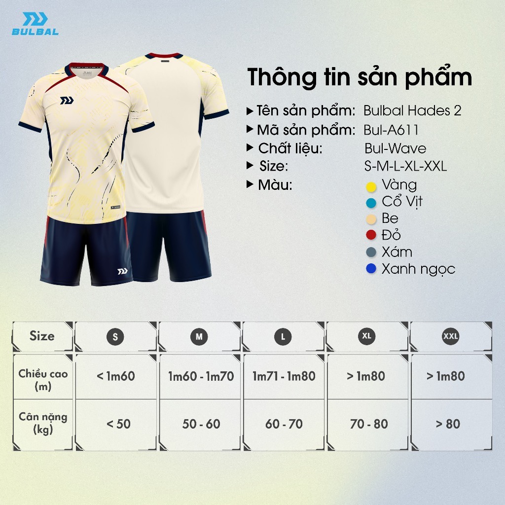 Bộ Quần Áo Bóng Đá BULBAL Hades 2, Chất Vải Bul-Wave, Mềm Mại, Thoáng Mát