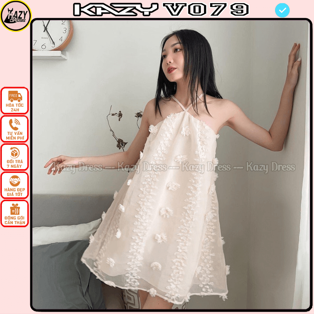 Váy cổ yếm chất hoa nổi siêu xinh phong cách tiểu thư KAZY DRESS V079