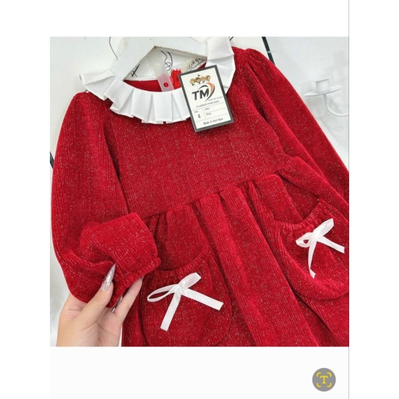 Váy xòe bé gái cổ bèo chất nhung ánh kim sang chảnh