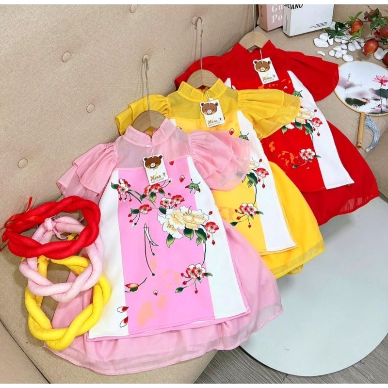 Áo dài cách tân bé gái lụa mềm tay bồng cho bé 10-30kg