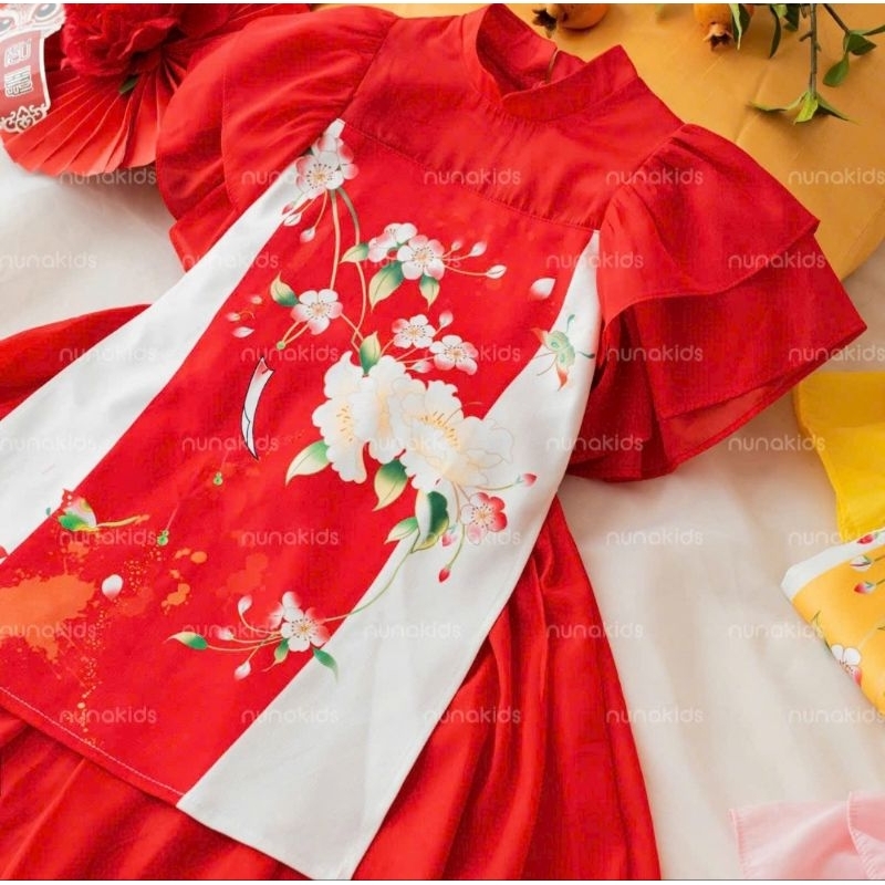 Áo dài cách tân bé gái lụa mềm tay bồng cho bé 10-30kg