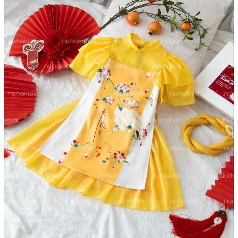 Áo dài cách tân bé gái lụa mềm tay bồng cho bé 10-30kg