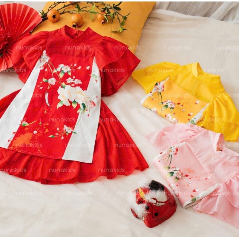 Áo dài cách tân bé gái lụa mềm tay bồng cho bé 10-30kg