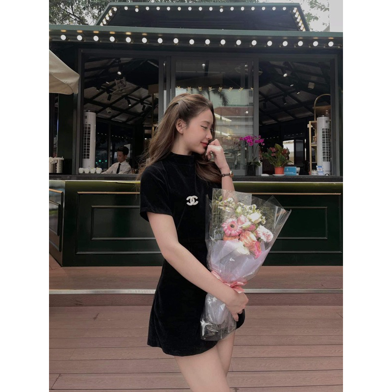 Váy Nhung Cứng Form A Kèm Tag Đá  Đầm Nhung Đen Form A 2 Lớp Sang Chảnh