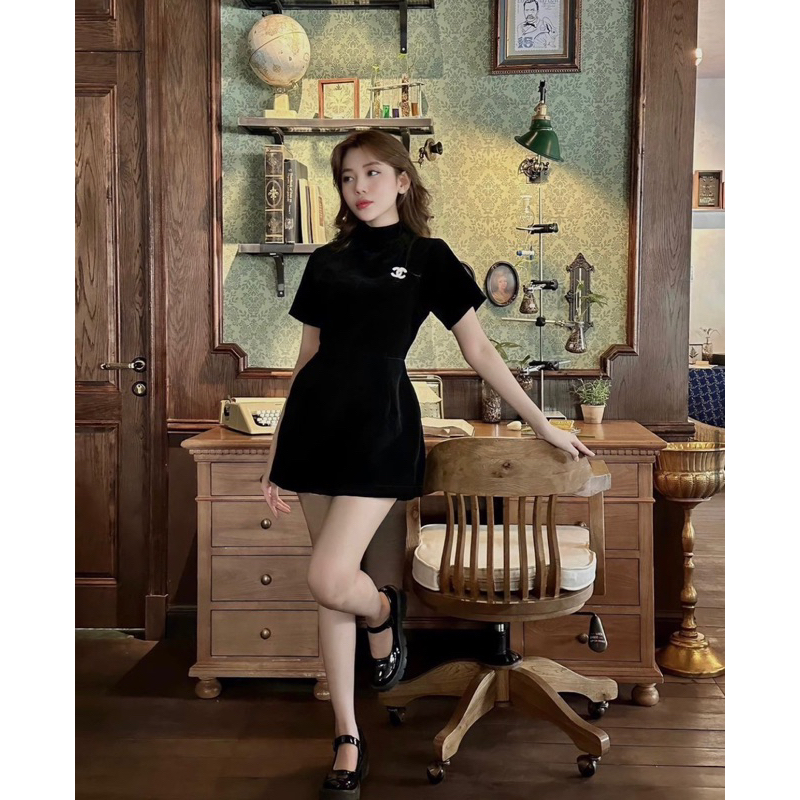 Váy Nhung Cứng Form A Kèm Tag Đá  Đầm Nhung Đen Form A 2 Lớp Sang Chảnh