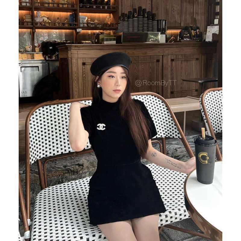 Váy Nhung Cứng Form A Kèm Tag Đá  Đầm Nhung Đen Form A 2 Lớp Sang Chảnh