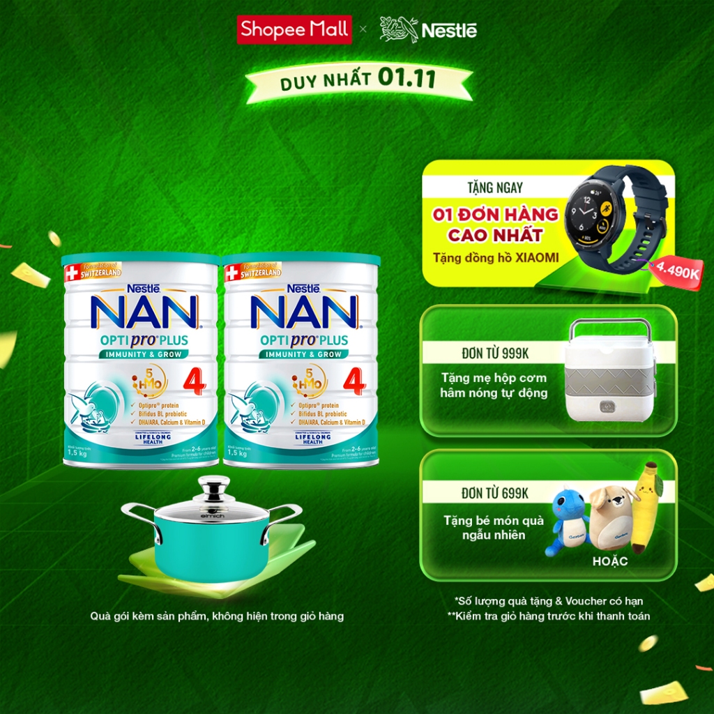 [Tặng Nồi Elmich cao cấp] Bộ 2 lon Sữa bột Nestlé NAN OPTIPRO PLUS 4 1500g/lon với 5HMO Giúp tiêu hóa tốt