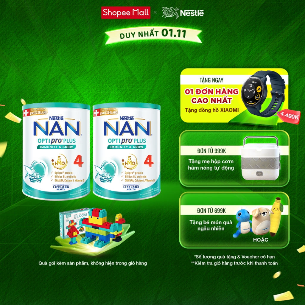 Bộ 2 lon Sữa bột Nestlé NAN OPTIPRO PLUS 4 850g/lon với 5HMO Giúp tiêu hóa tốt