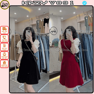 Váy nhung đính nơ tay bồng ngắn tay, váy nhung dáng xòe phong cách tiểu thư KAZY DRESS V091