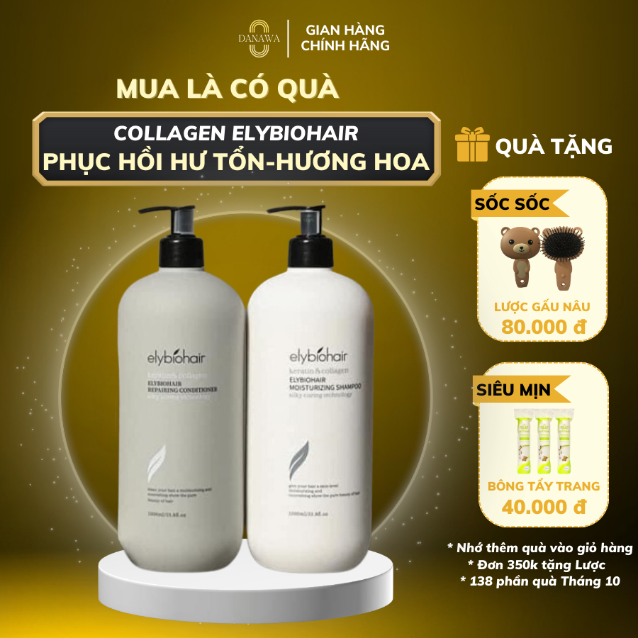 Cặp dầu gội xả Elybiohair Collagen, giảm rụng tóc, nhanh mọc tóc, phục hồi tóc khô xơ, hư tổn 1000ML