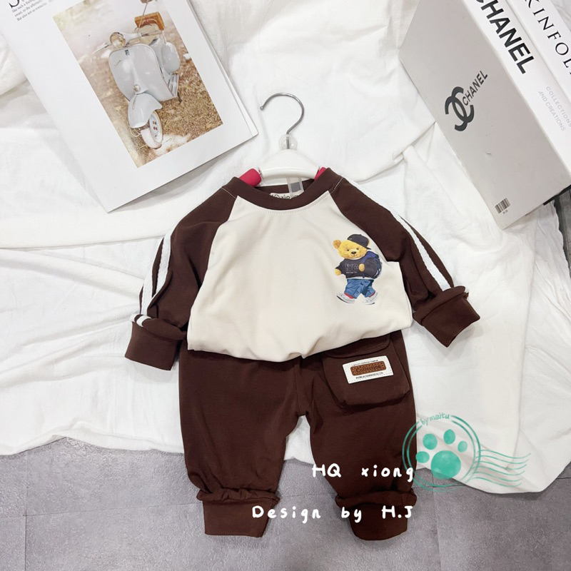 BỘ CUTE RÍP CHO BÉ TRAI HÀNG QC MỀM MẠI MULLI MÀI NÂU VÀ XANH QUẦN TÚI HỘP DÂY CHẠY VIỀN TAY