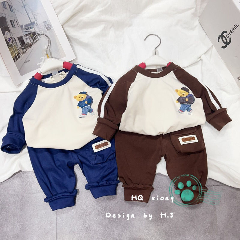 BỘ CUTE RÍP CHO BÉ TRAI HÀNG QC MỀM MẠI MULLI MÀI NÂU VÀ XANH QUẦN TÚI HỘP DÂY CHẠY VIỀN TAY