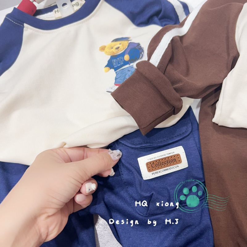 BỘ CUTE RÍP CHO BÉ TRAI HÀNG QC MỀM MẠI MULLI MÀI NÂU VÀ XANH QUẦN TÚI HỘP DÂY CHẠY VIỀN TAY