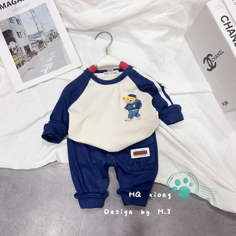 BỘ CUTE RÍP CHO BÉ TRAI HÀNG QC MỀM MẠI MULLI MÀI NÂU VÀ XANH QUẦN TÚI HỘP DÂY CHẠY VIỀN TAY