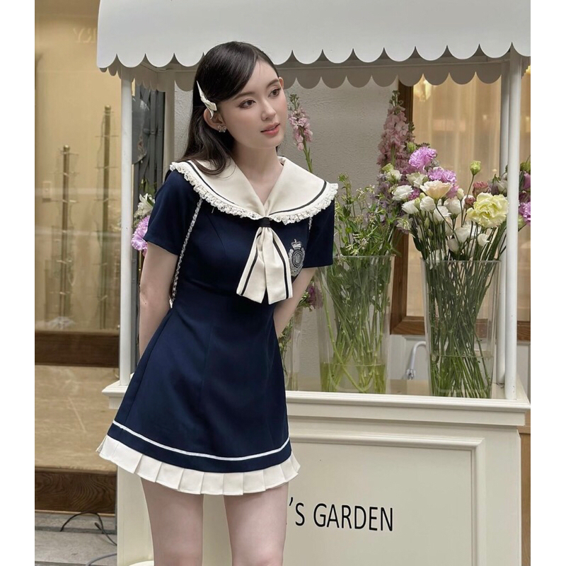 Đầm Váy Nữ Cổ Thuỷ Thủ Cột Nơ Xanh Đen Mix Viền Trắng Kem Nhật Bản Tay Ngắn Dáng Xoè Xếp Li