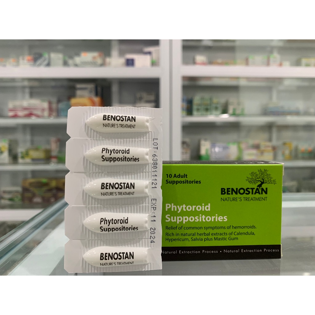 Viên đặt trĩ Benostan Phytoroid I Xuất xứ Châu Âu, thành phần thiên nhiên, giảm đau rát, làm dịu và mềm da. Hộp 10 viên