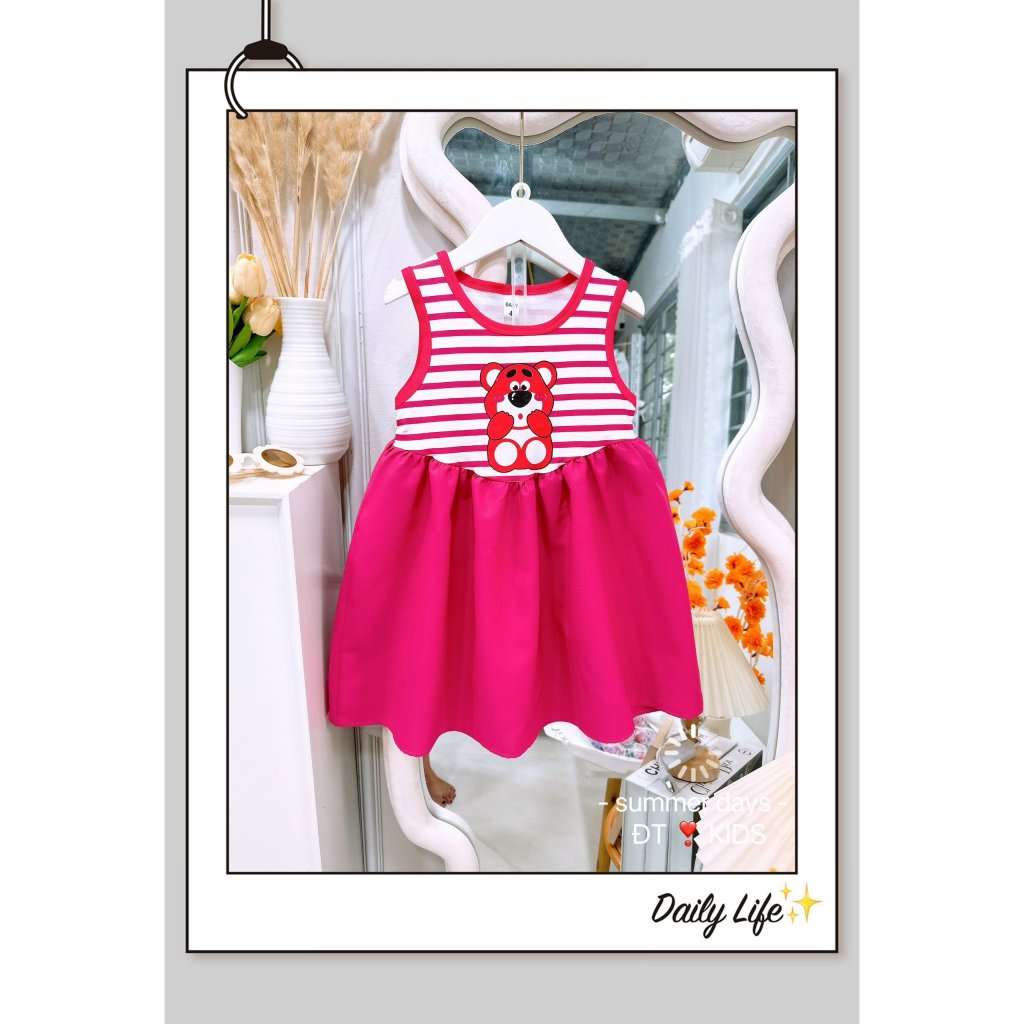 Váy maxi gấu dâu phối kẻ hồng siêu xinh cho bé gái 8-28kg