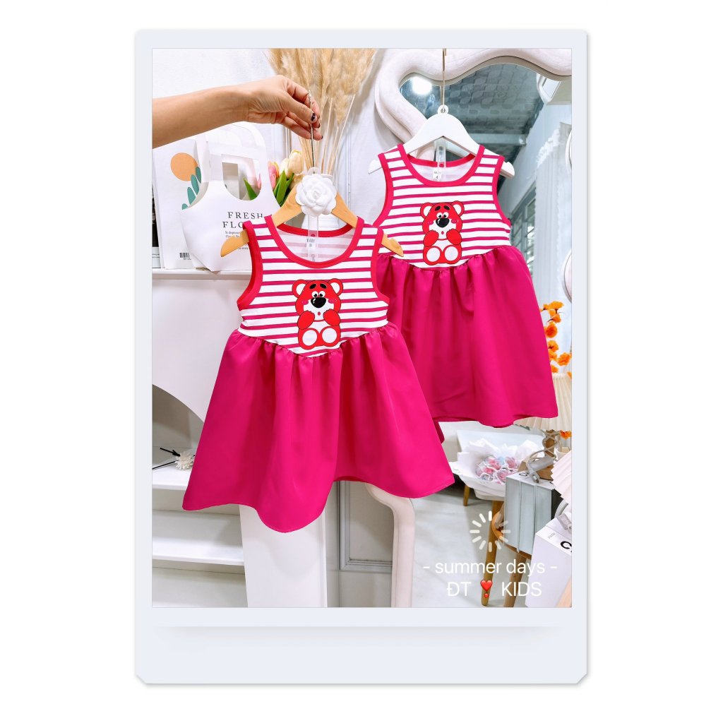 Váy maxi gấu dâu phối kẻ hồng siêu xinh cho bé gái 8-28kg