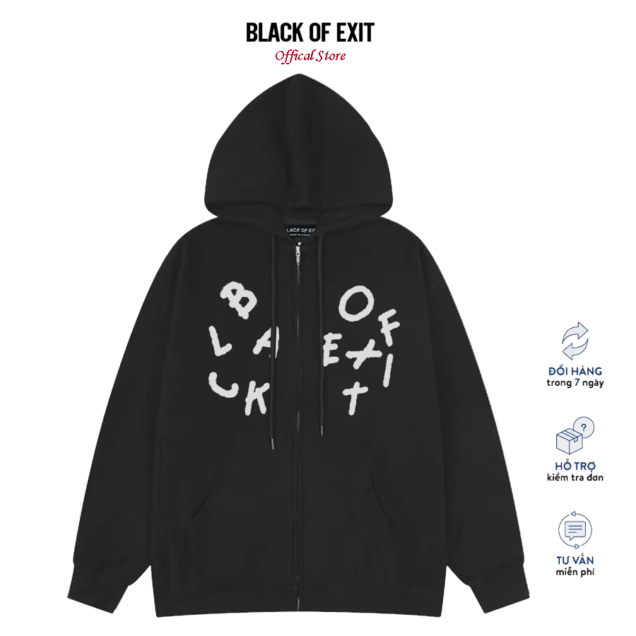 Áo Hoodie Zip Words BLACK OF EXIT Khoác Nỉ Mũ Kéo Khóa Nỉ Bông Cotton Unisex nam nữ Local Brand
