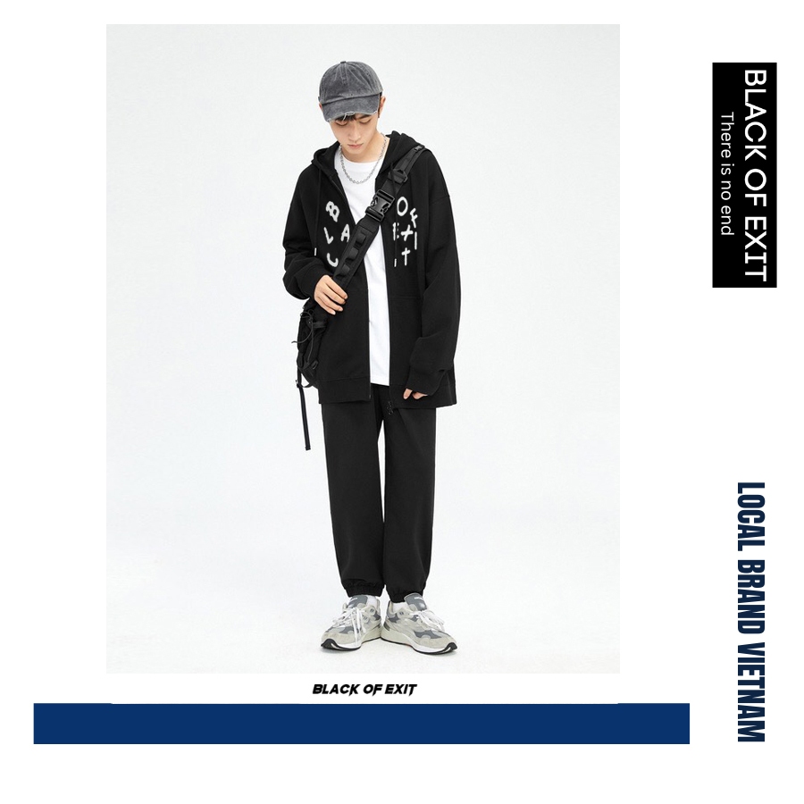 Áo Hoodie Zip Words BLACK OF EXIT Khoác Nỉ Mũ Kéo Khóa Nỉ Bông Cotton Unisex nam nữ Local Brand