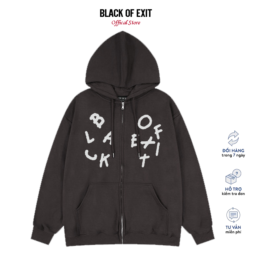 Áo Hoodie Zip Words BLACK OF EXIT Khoác Nỉ Mũ Kéo Khóa Nỉ Bông Cotton Unisex nam nữ Local Brand