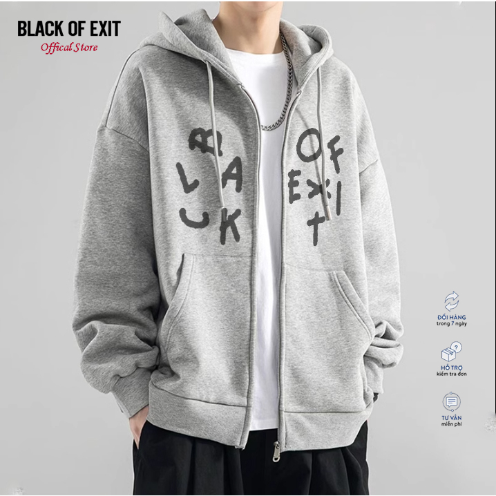 Áo Hoodie Zip Words BLACK OF EXIT Khoác Nỉ Mũ Kéo Khóa Nỉ Bông Cotton Unisex nam nữ Local Brand