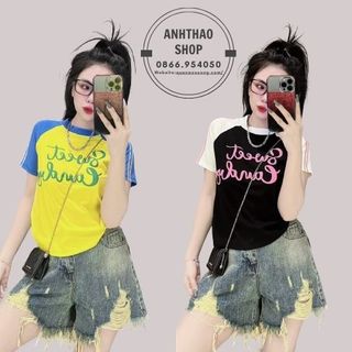 Áo thun babytee tay raglan phối chữ Sweet, cổ tròn tay ngắn chất vải borip cotton mềm mại co giãn 4 chiều. Áo thuFAMILY