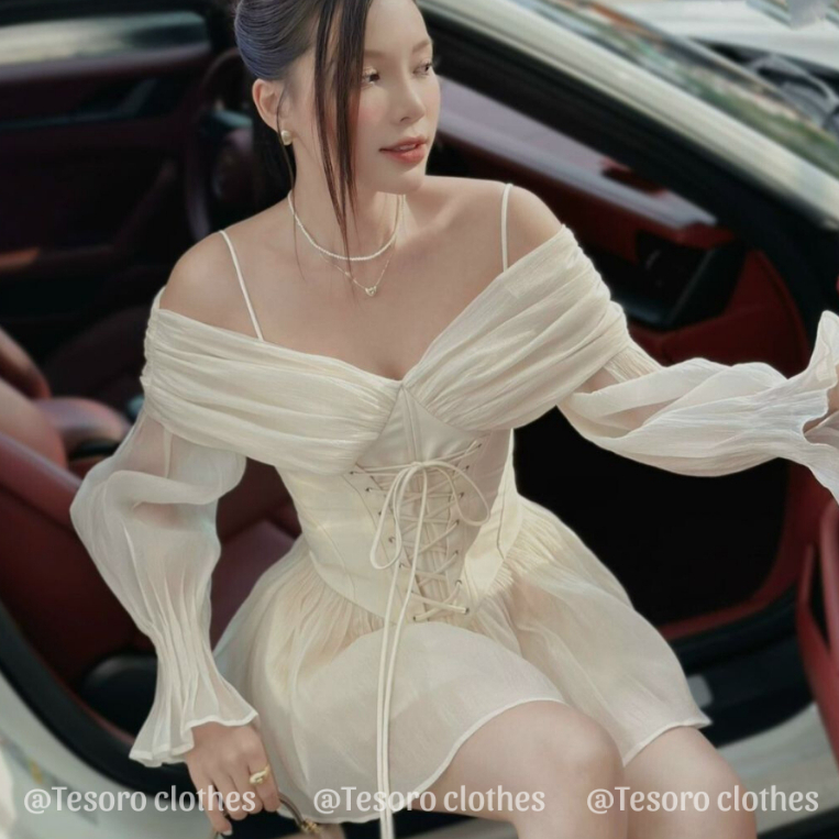 Set áo tơ trễ vai phối corset đan dây kèm quần short tafta phong ách thanh lịch sang chảnh hàng thiết kế @Tesoro clothes