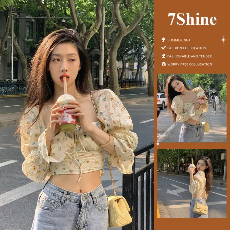 Áo croptop hoa nhí tay bèo cổ vuông chất đũi siêu mềm mịn nhẹ nhàng sang trọng dành cho nữ