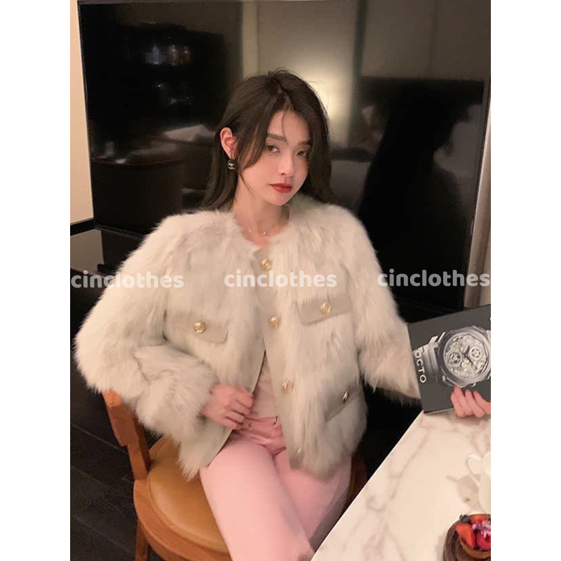 Áo Khoác Lông Dáng Ngắn, Áo Lông Khoác Ngoài Phối Túi Da Khuy Đồng Sang Chảnh Khoác Ngoài Mùa Đông