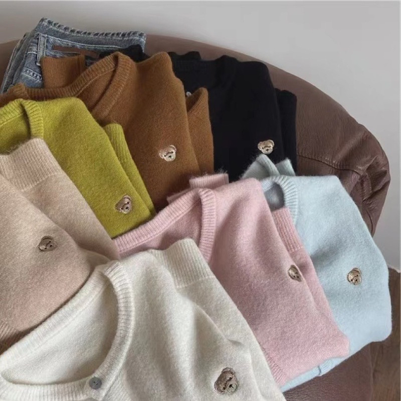 Áo Khoác Len Cadigan Thêu Hình Nấm / Gấu bear Cổ Tròn Basic Retro Phong Cách Hàn Quốc