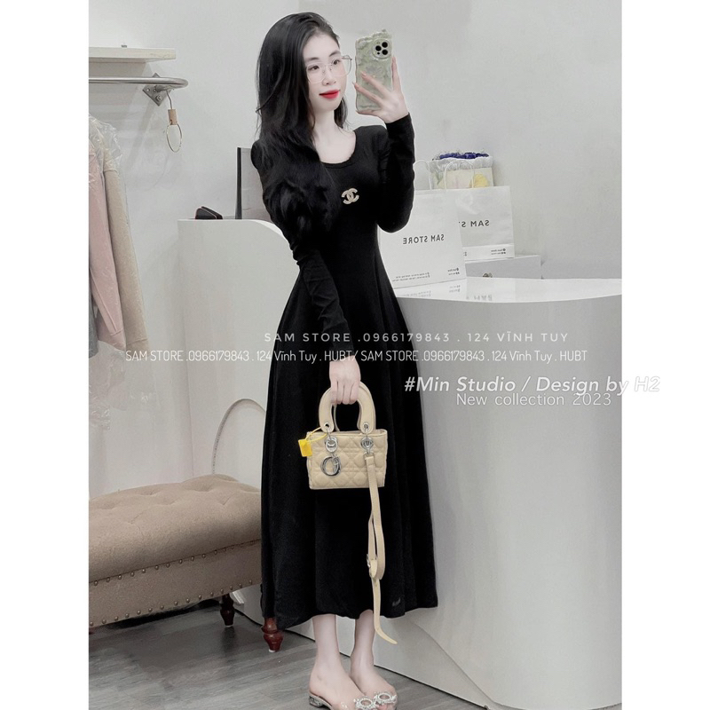 Váy Thun Đen Trơn Dài Tay Đính Tag Channel MIN • Melanie Boutique