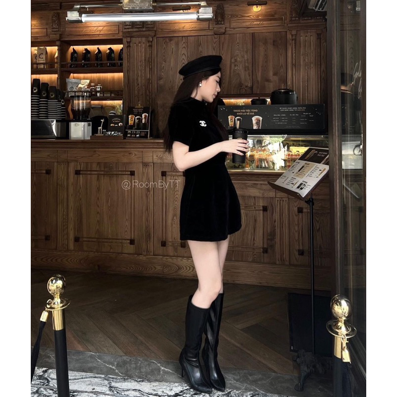 Váy Nhung Cứng Form A Kèm Tag Đá  Đầm Nhung Đen Form A 2 Lớp Sang Chảnh