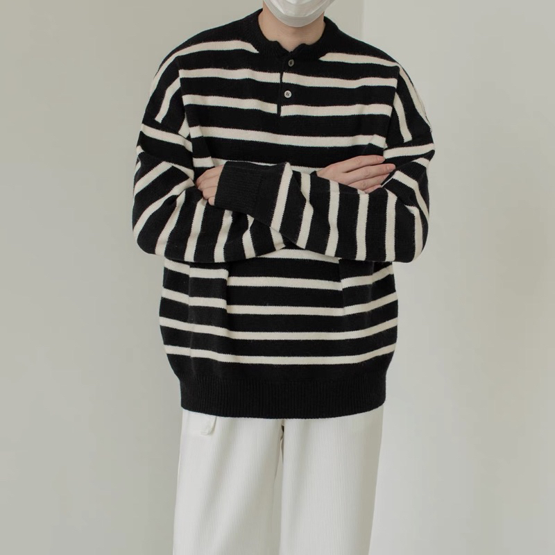 > Áo len linen cổ tròn tay dài kiểu sọc phong cách Hàn quốc dành cho nam mùa thu đông năm 2022