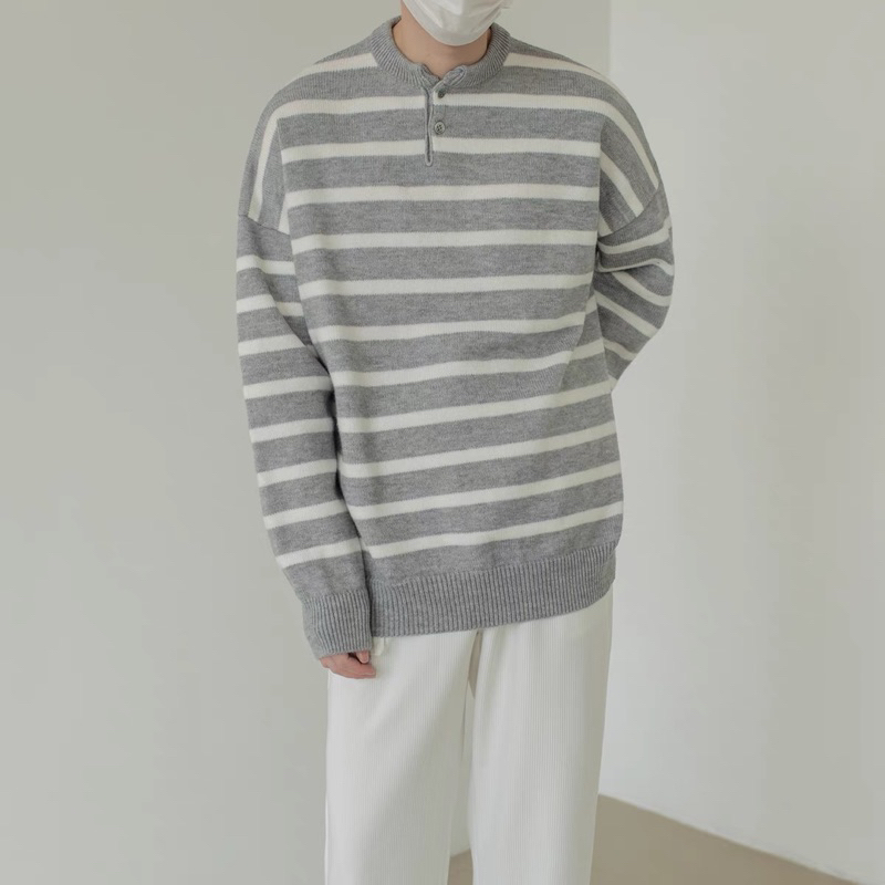 > Áo len linen cổ tròn tay dài kiểu sọc phong cách Hàn quốc dành cho nam mùa thu đông năm 2022