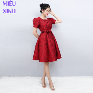 Váy dự tiệc cao cấp , đầm gấm hoa sang trọng thiết kế 2 lớp thắt nơ eo trẻ trung xinh đẹp.