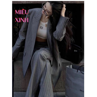 SET Đồ Blazer Nữ Kẻ Sọc Với Áo Vest Dài Tay Có Lót Trong Kèm Quần Suông Form Rộng Phong Cách Sang Trọng.