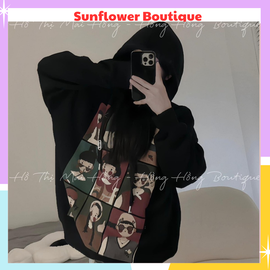 Áo hoodie in hình cô gái siêu dễ thương, áo khoác nỉ form rộng rãi mũ đội 2 lớp kèm dây rút siêu dày dặn, ấm áp